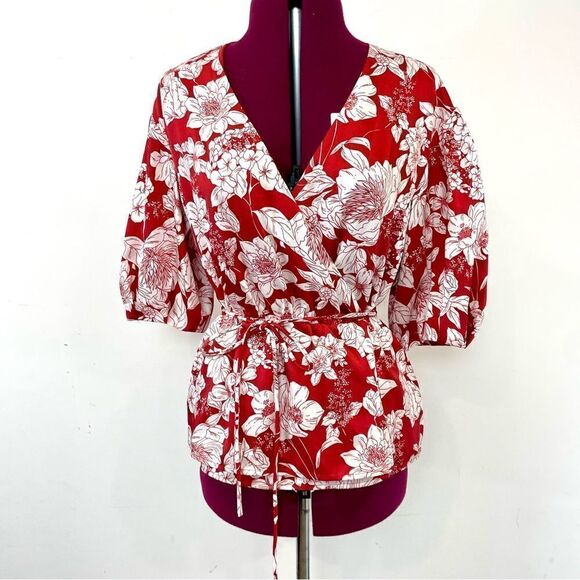 Rebecca Minkoff Red White Mary Floral-Print Wrap Top Wrap Blouse Puff sleeves M - Picture 1 of 12